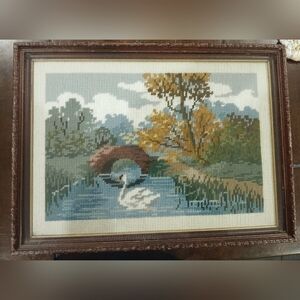 Framed Swan Needlepoint Landscape Wall Art in Blue, Green and Gold